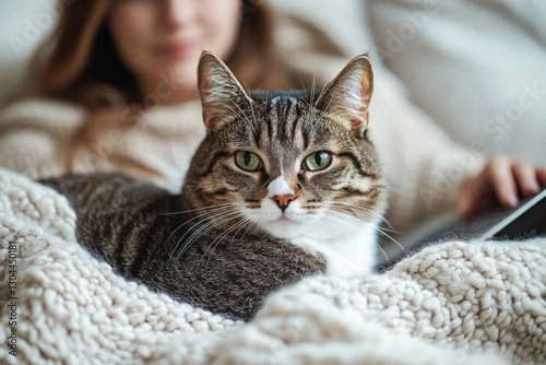 Cozy moments with a cat on a soft blanket during a quiet afternoon at home