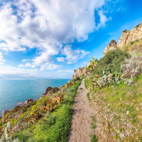 Obraz na płótnie Scenic spring view on the the cape Milazzo panorama of nature reserve Piscina di Venere. w salonie