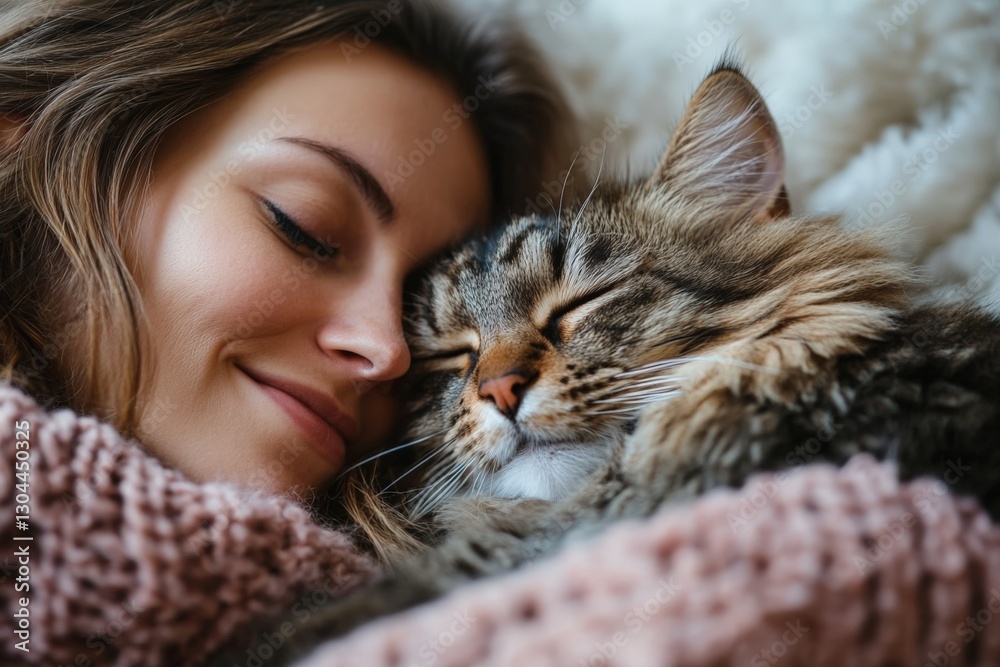 Woman cuddling with a fluffy cat while wrapped in a warm blanket during a cozy indoor moment Woman cuddling with a fluffy cat while wrapped in a warm blanket during a cozy indoor moment