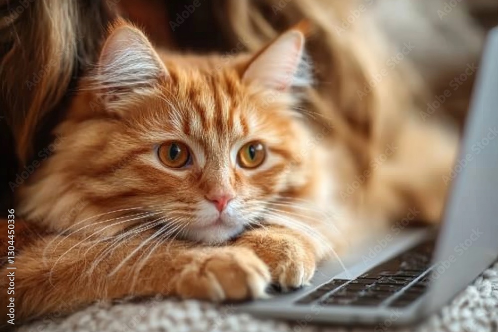 Curious orange cat explores laptop while owner works at home in a cozy setting Curious orange cat explores laptop while owner works at home in a cozy setting