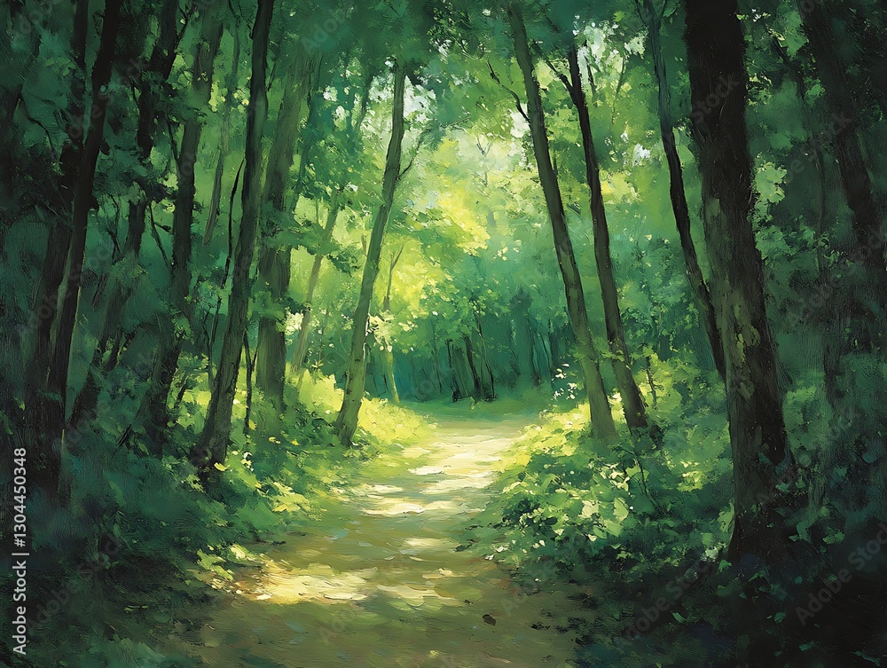 Fototapeta premium Forest path, bright, sunlight through trees. Green
