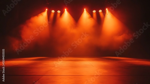 An empty stage glowing under orange spotlights, with haze adding depth to the scene.
