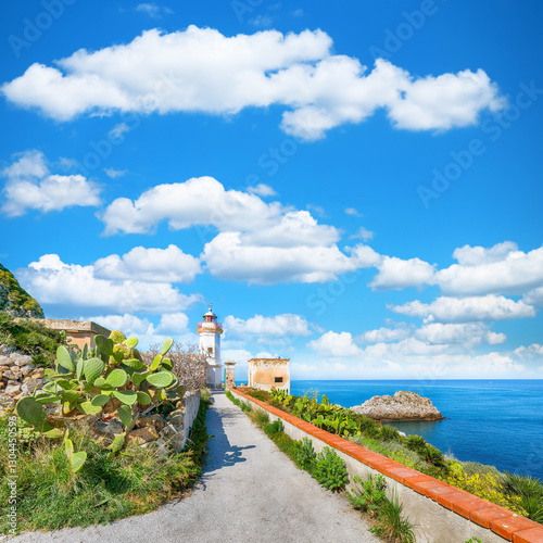 Scenic sunny day over Capo Zafferano Lighthouse