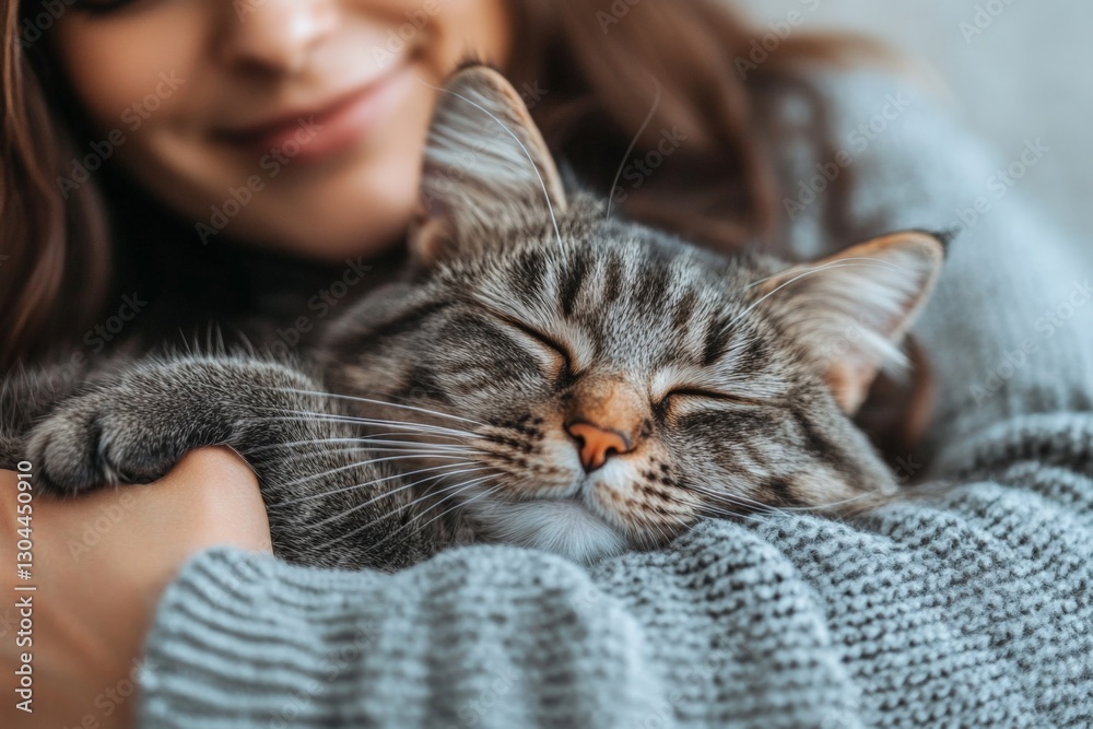 Woman enjoys quality time cuddling with her content cat at home during a cozy afternoon Woman enjoys quality time cuddling with her content cat at home during a cozy afternoon