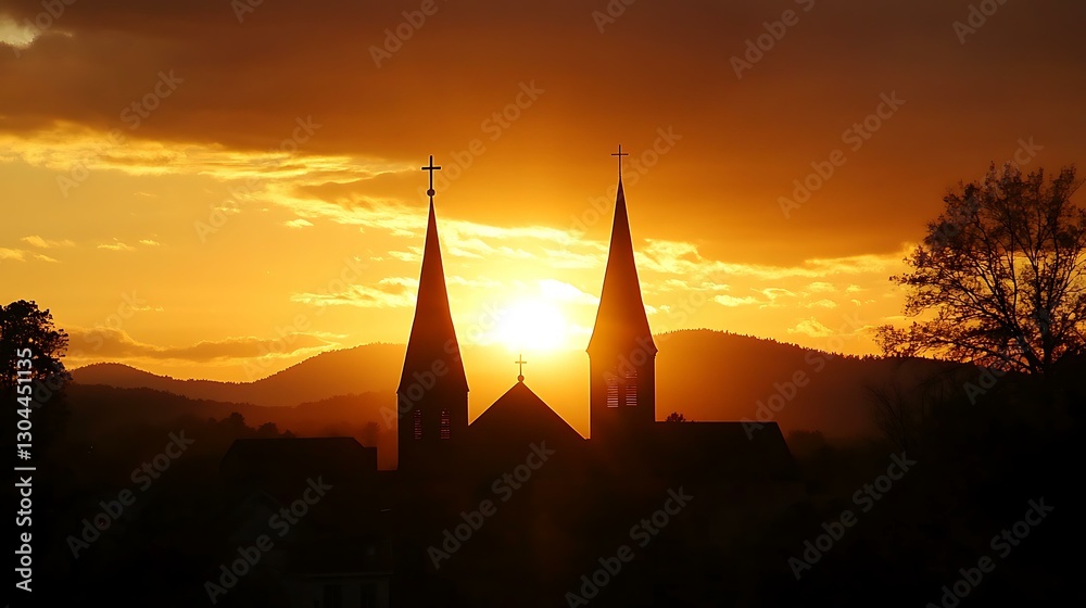 Obraz premium Silhouetted church steeples rising above a village as the sun sets behind rolling hills.