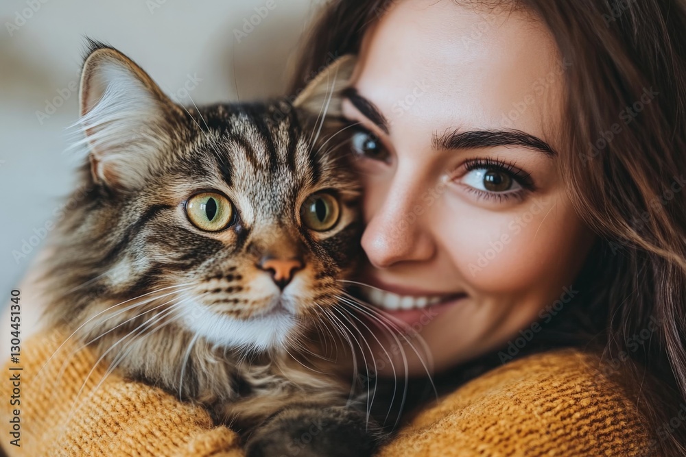 Happy woman cuddling a fluffy cat while smiling warmly in a cozy indoor setting during daytime Happy woman cuddling a fluffy cat while smiling warmly in a cozy indoor setting during daytime