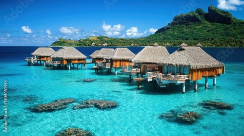 Luxury Overwater Bungalows in Paradise: A serene tropical landscape featuring luxurious overwater bungalows with thatched roofs extending over crystal-clear turquoise waters.