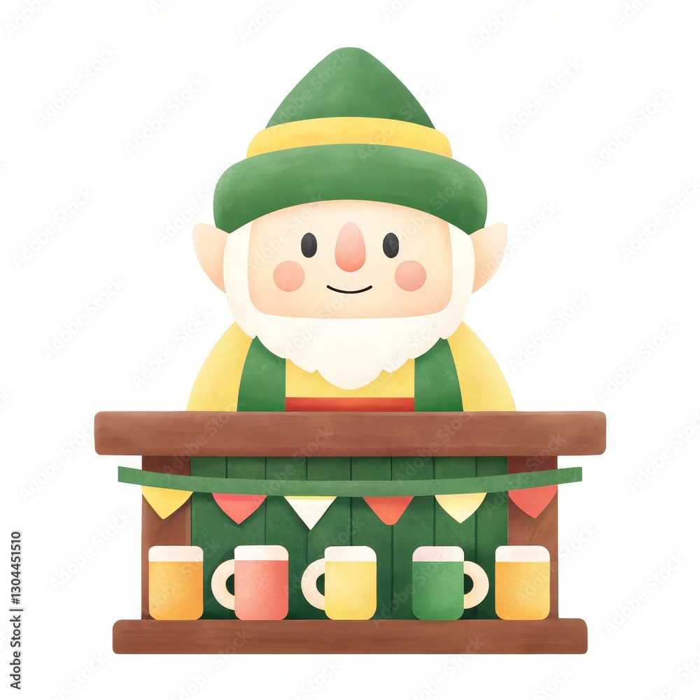 Naklejka premium St. Patricks day and Gnomes concept Cheerful elf bartender with colorful mugs and festive decorations.