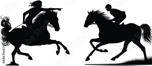 Dynamic silhouette of a rider leaning forward on a galloping horse with arm extended, tail flowing, facing right, creating a sense of speed and urgency, black on white background, dramatic motion