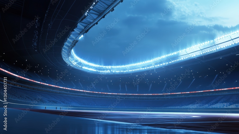 Fototapeta premium Stadium Lights: A dynamic shot of a modern stadium, bathed in the cool glow of the electric lights, the architectural structure of the stadium highlighted.