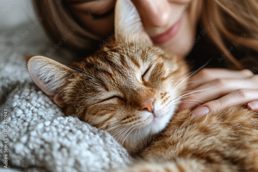 Cat cuddles with owner in cozy indoor setting during afternoon relaxation Cat cuddles with owner in cozy indoor setting during afternoon relaxation