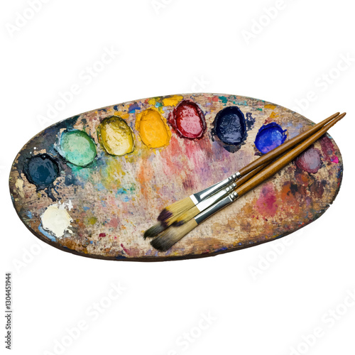 Watercolor paint palette and brushes isolated on a white background