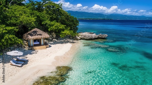 Paradise Found: A thatched-roof structure nestled on a pristine beach, inviting you to experience the epitome of relaxation, with clear turquoise water, lush greenery, and an idyllic sky.