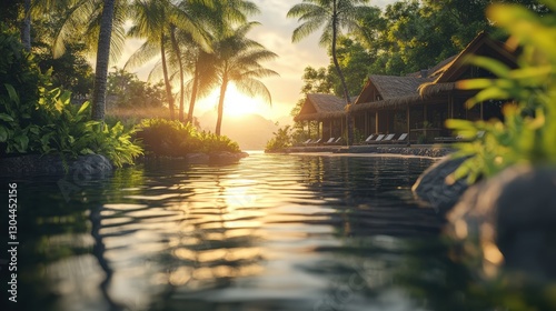 Tropical Paradise at Sunset: Tranquil resort nestled amongst lush palm trees, with a tranquil lagoon reflecting the warm sunset. A serene escape.