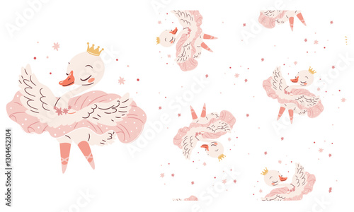 Vector set for printing on children's products. A cute swan in a ballerina's tutu is dancing ballet. Printable print and seamless vector set in a simple children's style. Vector illustration