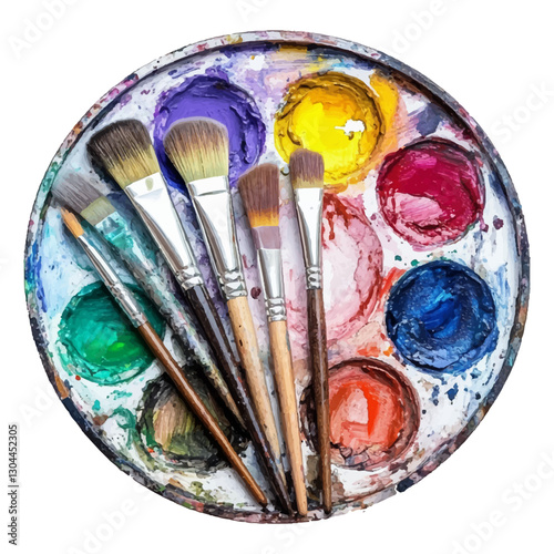 Watercolor paint palette and brushes isolated on a white background