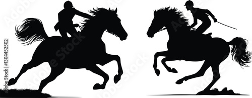 Dynamic silhouette of a rider leaning forward on a galloping horse with arm extended, tail flowing, facing right, creating a sense of speed and urgency, black on white background, dramatic motion