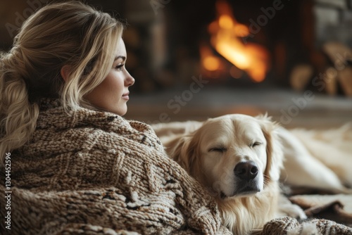 Wallpaper Mural Cozy moment by the fireplace with a golden retriever and a woman wrapped in a blanket on a chilly evening Torontodigital.ca