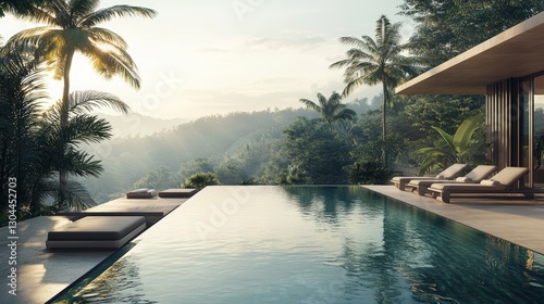 Luxury Retreat with Infinity Pool: A tranquil scene showcasing a modern luxury villa, featuring an infinity pool merging seamlessly with the lush landscape, palm trees, and rolling hills.