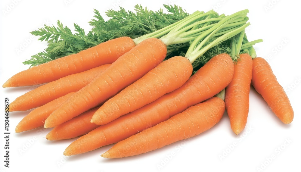 Freshly Harvested Carrots, With Stems and Leaves Intact, Isolated on White Background. Freshly Harvested Carrots, With Stems and Leaves Intact, Isolated on White Background.