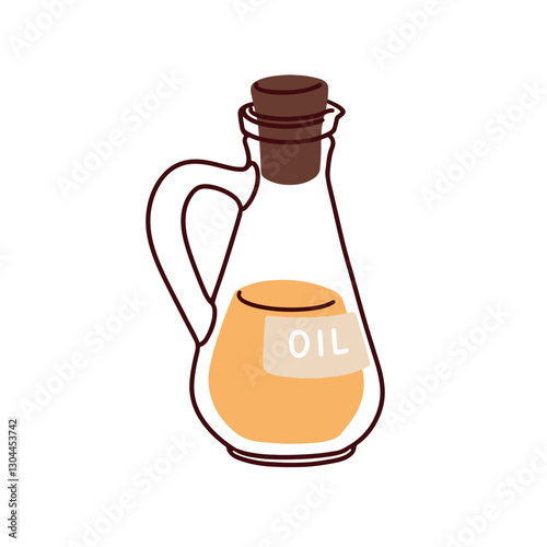 Oil in glass jug. Transparent pitcher, container closed with cork, natural extra virgin olive liquid. Kitchen ewer, cooking ingredient. Flat vector illustration isolated on white background