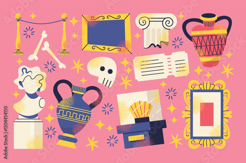 Ancient artifacts and museum objects vases, statues, columns, frames, bones, skull, tickets, and display cases on a pink background. Colorful flat vector illustration. History, archaeology cultural