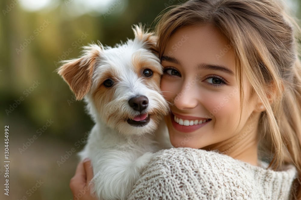 Woman holds a small dog while smiling in a natural outdoor setting during the day Woman holds a small dog while smiling in a natural outdoor setting during the day