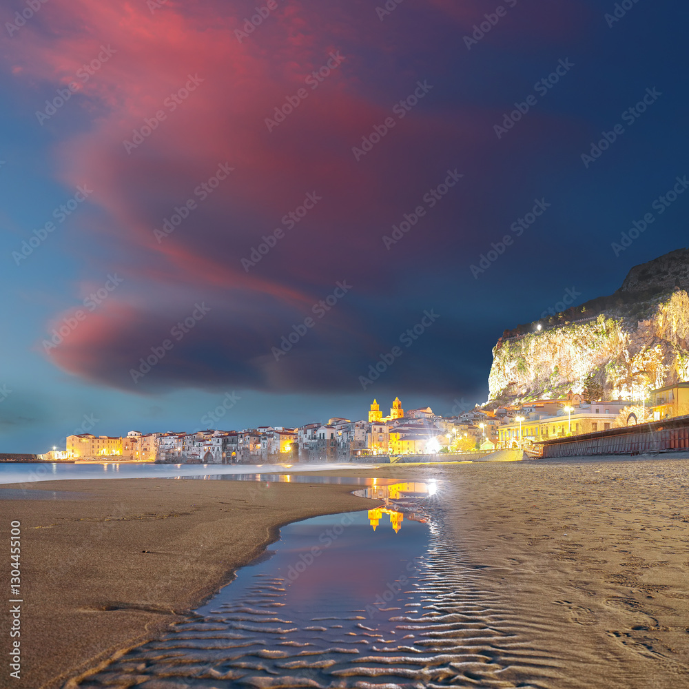 Dramatic evening cityscape of Cefalu city. Popular travel destination of Mediterranean sea.