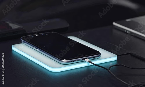 Wireless phone charging pad on dark desk