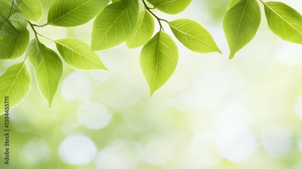 Bright Green Leaves on Branch Against Softly Lit Background Bright Green Leaves on Branch Against Softly Lit Background