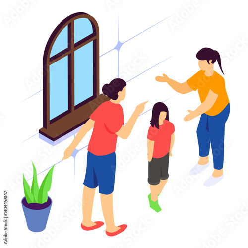 parents appear to be scolding child isometric concept, Mother pointing her finger aggressively While Father blaming vector design, Social issues banner, raising children Scene, human relationship 