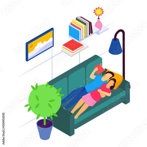 Happy Couple lying on couch isometric concept, Reading and Dreaming Together vector design, Love romance banner, Valentines Day Scene, human relationship illustration