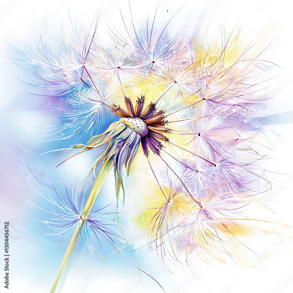 Naklejka premium Artistic watercolor dandelion with colorful pastel tones and details