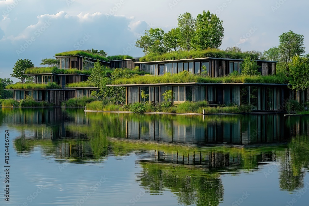 Fototapeta premium Modern Green houses on the bank of a lake in the park.