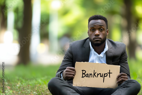 Desperate Black Businessman Sitting in Park Holding 'Bankrupt' Sign, Symbolizing Financial Ruin, Economic Hardship, and Corporate Failure