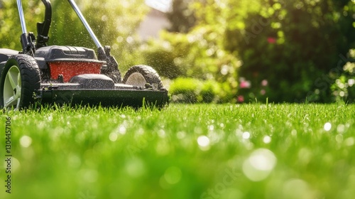 abstract background with mowing lawn and dynamic water sprinklers, fresh green tones, natural and vibrant, clean and active layout