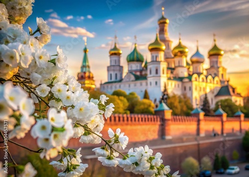 Blooming White Flowers Near Kremlin Walls, Moscow, Russia - Vertical Long Exposure