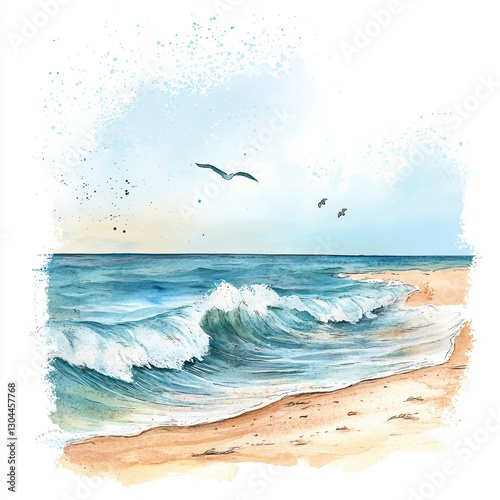Stunning Watercolor Coastal Beach Scene with Dynamic Waves