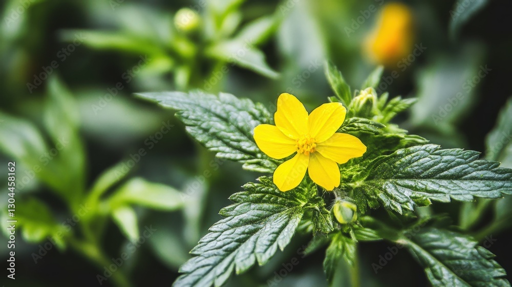 abstract background with single bright yellow flower and blurred greenery, bold and cheerful tones, natural and detailed composition abstract background with single bright yellow flower and blurred greenery, bold and cheerful tones, natural and detailed composition