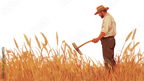 The image is an illustration depicting a man, appearing to be a farmer, standing in a field of tall, golden wheat. He is wearing a light-colored, long-sleeved shirt and a straw hat.  He