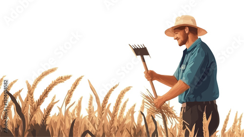 Digital painting or illustration depicting a man, possibly a farmer, standing in a field of ripe wheat. He is wearing a blue shirt and a straw hat and holds a small hand rake or tool. The