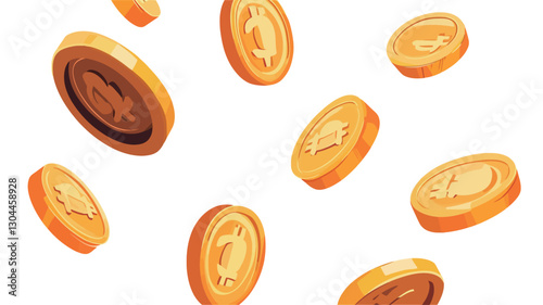 Digital illustration of multiple golden coins falling against a white background.  The coins are depicted in a cartoonish style with a slightly three-dimensional appearance.  They vary