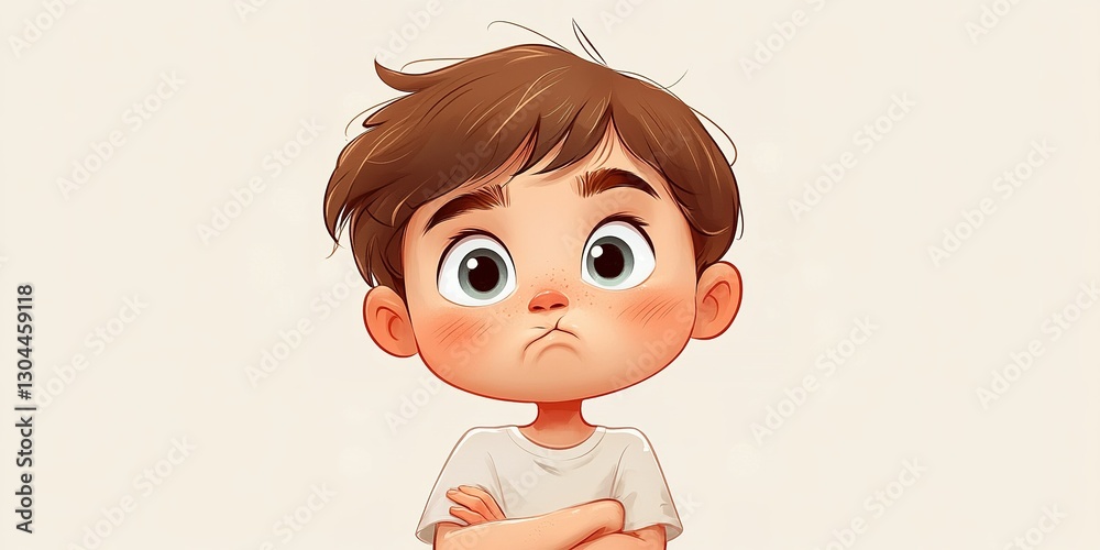 Young boy with expressive face showing uncertainty and contemplation in a light-colored background Young boy with expressive face showing uncertainty and contemplation in a light-colored background