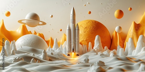 Rocket launch amid surreal planetary landscape with vibrant colors and abstract forms during a cosmic exploration