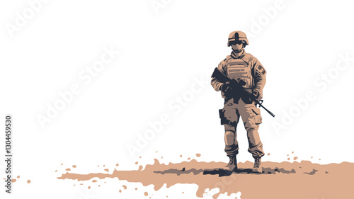 A digital illustration depicts a soldier in desert camouflage uniform, holding a rifle, standing against a minimalist background of light beige and white. The style is painterly, with