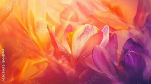 abstract background with vibrant crocus flowers and golden hour light, bold and colorful tones, romantic and elegant, natural layout