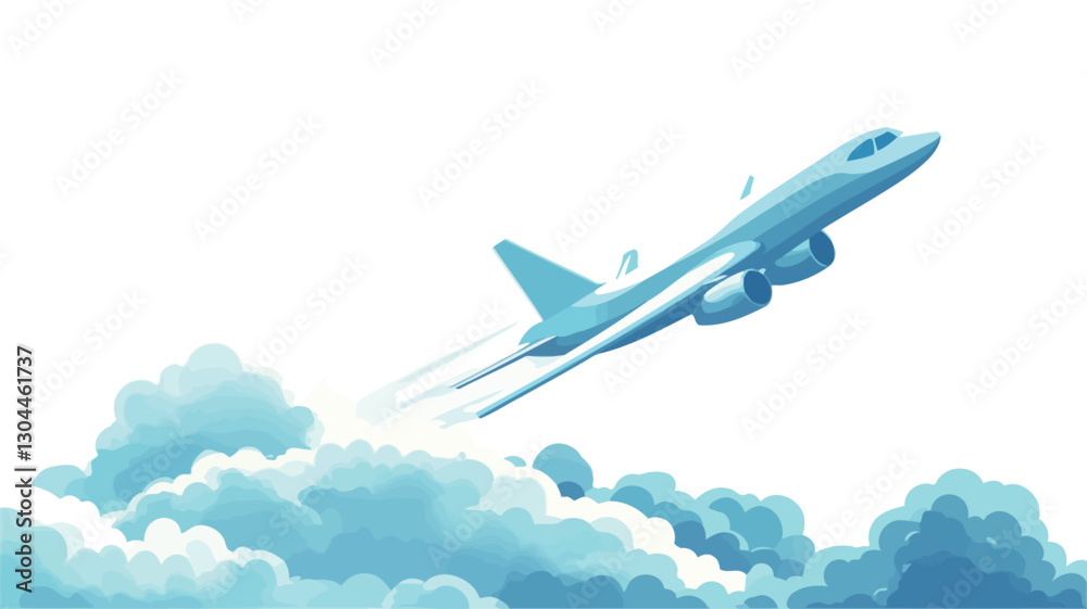 Naklejka premium Digital illustration of a light blue airplane ascending through stylized light blue and white clouds against a white background. The airplane is depicted in a three-quarter view, showing