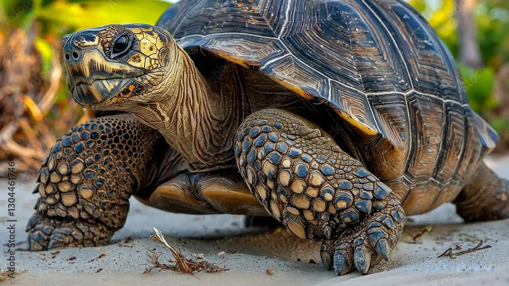 Galapagos tortoise walking on sandy beach, lush vegetation background Galapagos tortoise walking on sandy beach, lush vegetation background