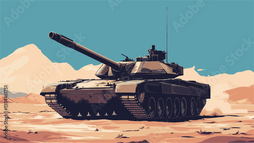 A digital illustration depicting a military tank in a desert setting. The style is reminiscent of flat design or vector art with simplified shapes and color blocking. The tank is centrally