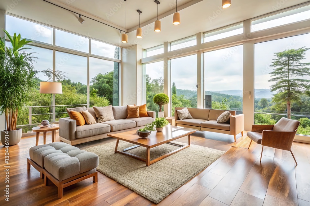 Fototapeta premium Bright Modern Minimalist Living Room with Large Windows - Stock Photo